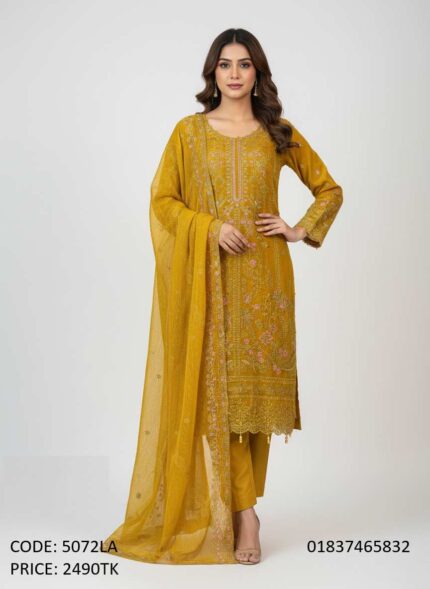 Premium mustard yellow georgette embroidered three piece dress for women code 5072LA