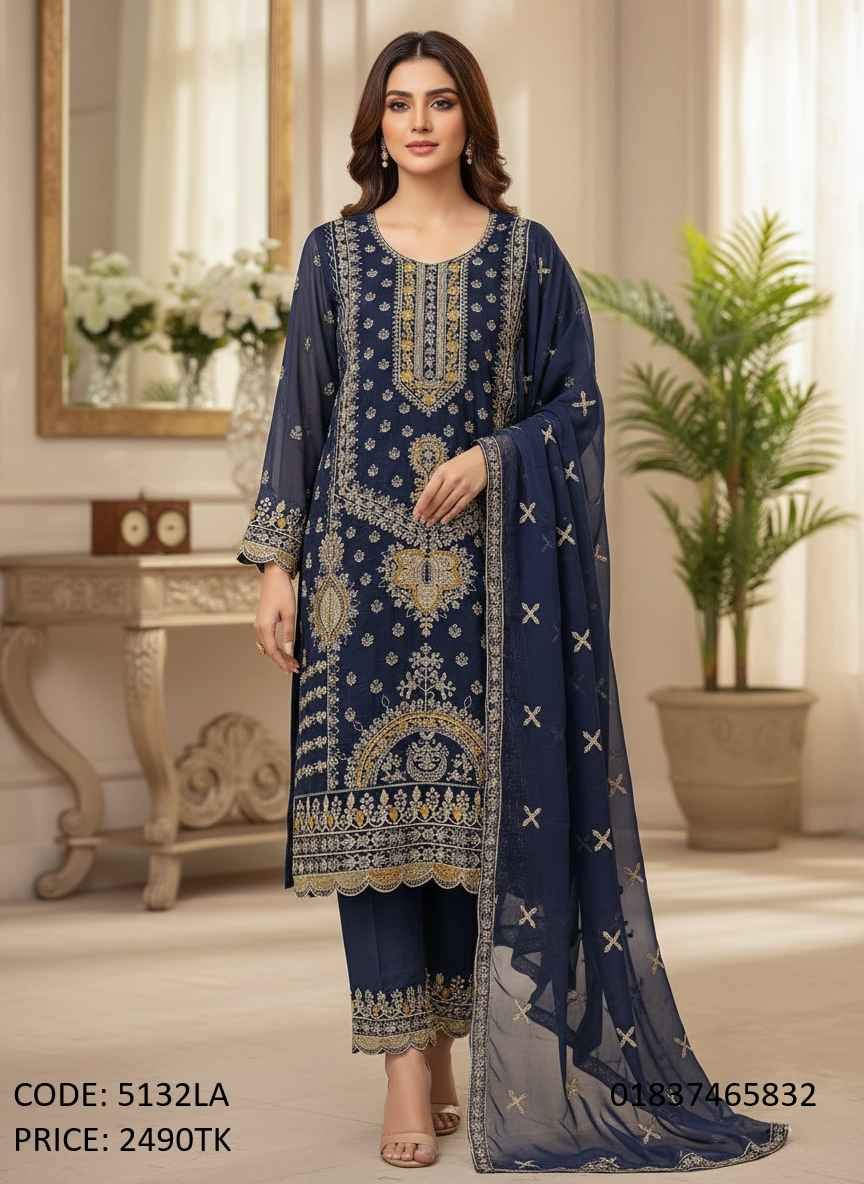 Premium Navy Blue Georgette Embroidered Three Piece Suit for Women Code 5132LA