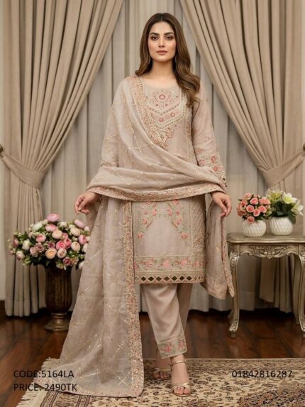 Premium nude beige embroidered georgette three piece salwar kameez suit for women