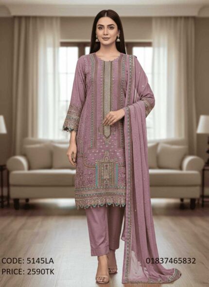 Onion pink embroidered three piece salwar kameez for women code 5145LA