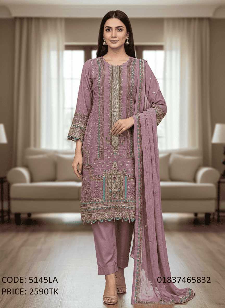 Premium Onion Pink Georgette Three-Piece Salwar Kameez with Heavy Embroidery Onion pink embroidered three piece salwar kameez for women code 5145LA