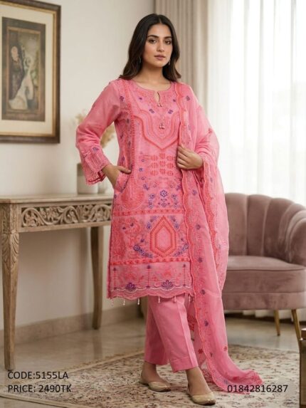 Premium pink embroidered 3-piece shalwar kameez for women with organza dupatta code 5155LA