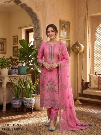 Premium pink embroidered georgette three piece salwar kameez suit for women