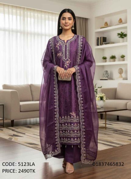 Elegant purple embroidered three-piece salwar kameez dress with a matching net/organza dupatta worn by a female model, product code 5123LA.Z