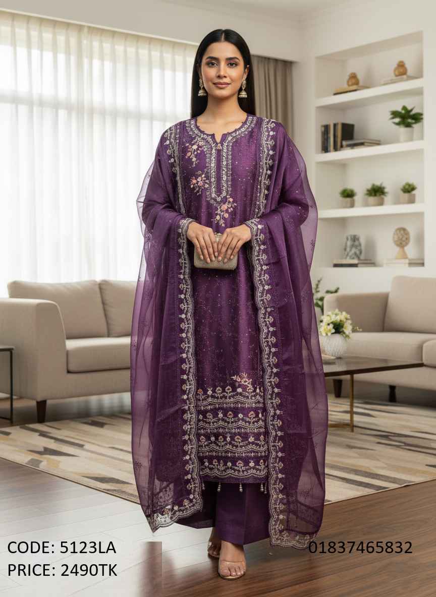 Premium Purple Embroidered Three-Piece Salwar Kameez Set for Women Elegant purple embroidered three-piece salwar kameez dress with a matching net/organza dupatta worn by a female model, product code 5123LA.Z