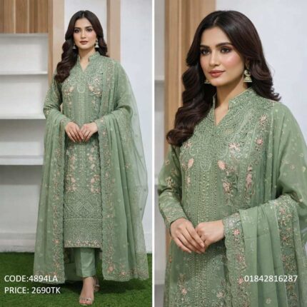 Sage green embroidered georgette three-piece traditional dress for women featuring intricate floral embroidery and matching dupatta - Code 4894LA.