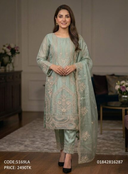 Premium sage green embroidered organza three piece salwar kameez suit for women