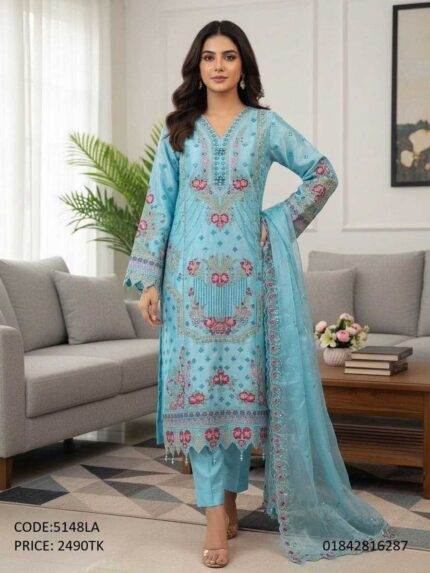 Sky blue premium embroidered three-piece traditional dress for women with matching dupatta and trousers, product code 5148LA.