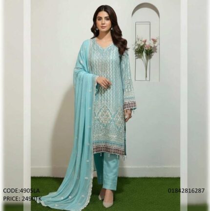 Premium unstitched sky blue embroidered georgette three piece party wear dress for women code 4905LA