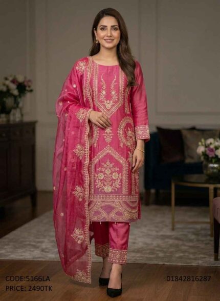 Premium pink soft georgette embroidered and sequence work 3 piece suit for women code 5166LA