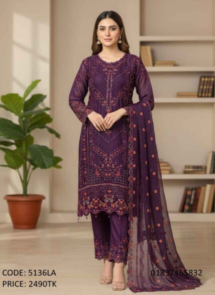 Premium soft georgette embroidered and sequence work three piece dress in purple color code 5136LA