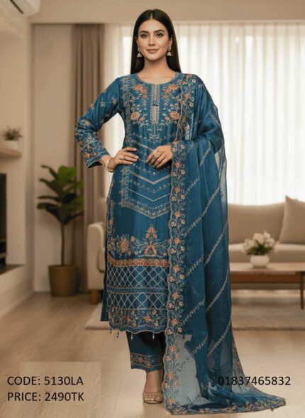 Premium Soft Georgette Embroidered and Sequence Work Three Piece for Women Code 5130LA