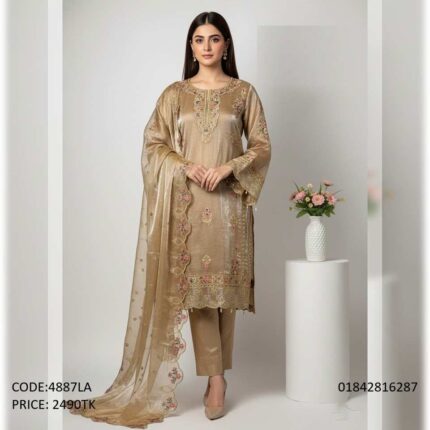Premium beige gold tissue silk embroidery three piece salwar kameez suit for women code 4887LA