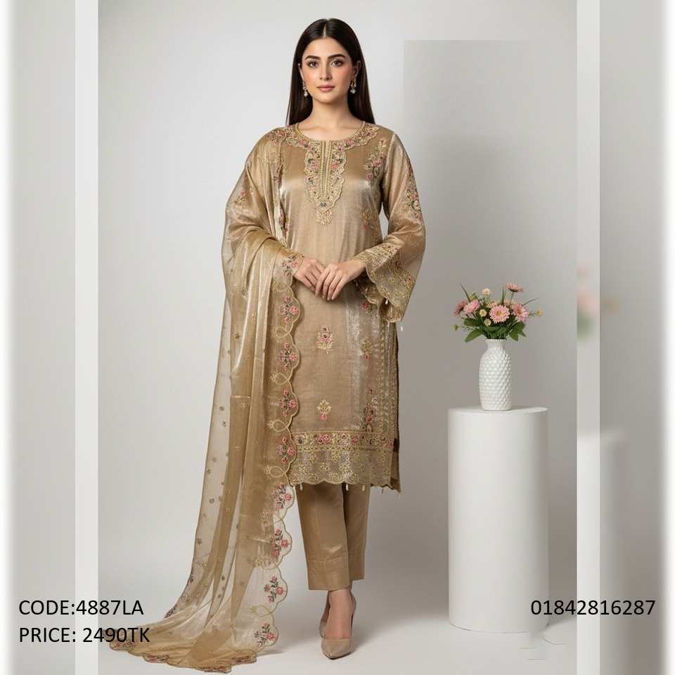 Premium Tissue Silk Embroidery Three-Piece Salwar Kameez Suit for Women Premium beige gold tissue silk embroidery three piece salwar kameez suit for women code 4887LA