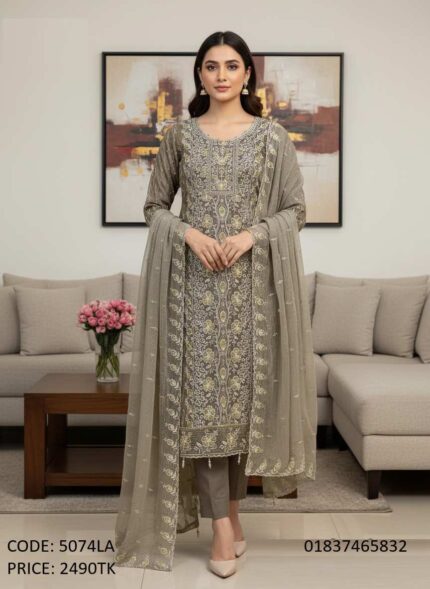 Premium olive grey un-stitched soft georgette three-piece dress with gorgeous embroidery and sequence work, code 5074LA.