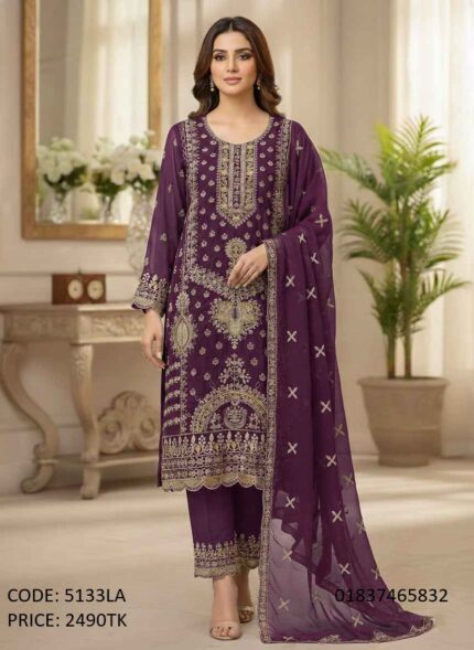 Premium deep purple unstitched georgette salwar kameez with golden embroidery and sequence work, code 5133LA.