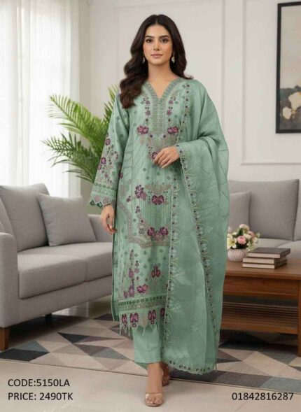 Exclusive unstitched sea green three piece salwar kameez with heavy multicolor embroidery work for women code 5150LA