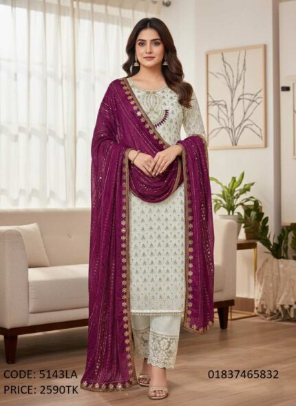 Premium Off-White Three Piece with Georgette Dupatta (Code: 5143LA)