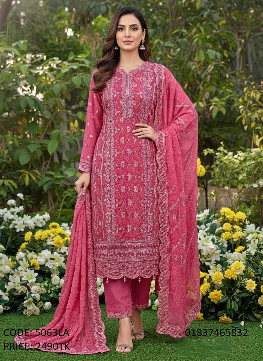 Premium pink embroidered georgette three piece salwar kameez for women code 5063LA Pink Party Wear Three Piece, Designer Salwar Kameez BD, Embroidered Georgette Dress