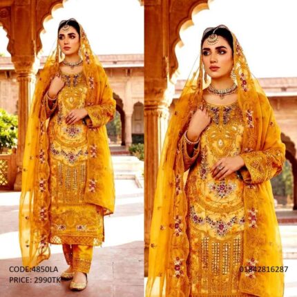 Sadabahar Premium Embroidered Yellow Georgette Three Piece Suit