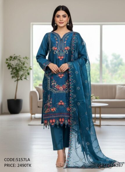 Premium Embroidered Peacock Blue Three Piece Dress for Women Code 5157LA