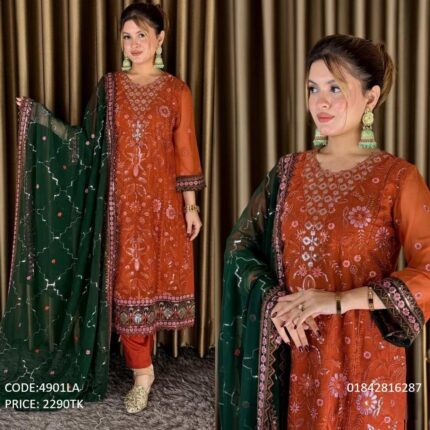 Exclusive burnt orange georgette three piece with deep green net dupatta for women code 4901LA