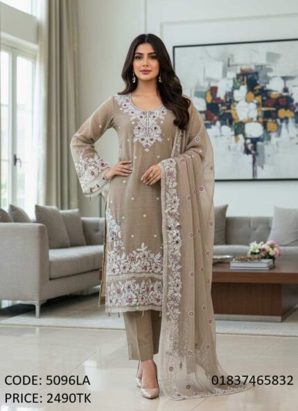 Premium light brown georgette embroidered three piece dress for women code 5096LA