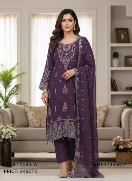 Gorgeous Embroidery and Sequence Work Purple Soft Georgette Three-Piece Dress - Code 5085LA