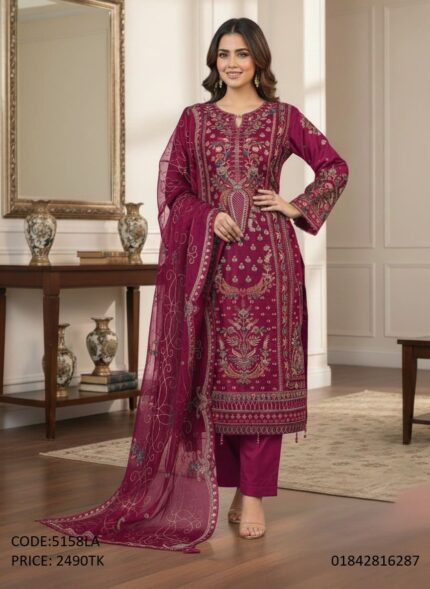 Premium Embroidered Georgette Three Piece Suit for Women - Code 5158LA