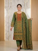 Premium green chinigura cotton stitched three-piece dress with all-over print for women.