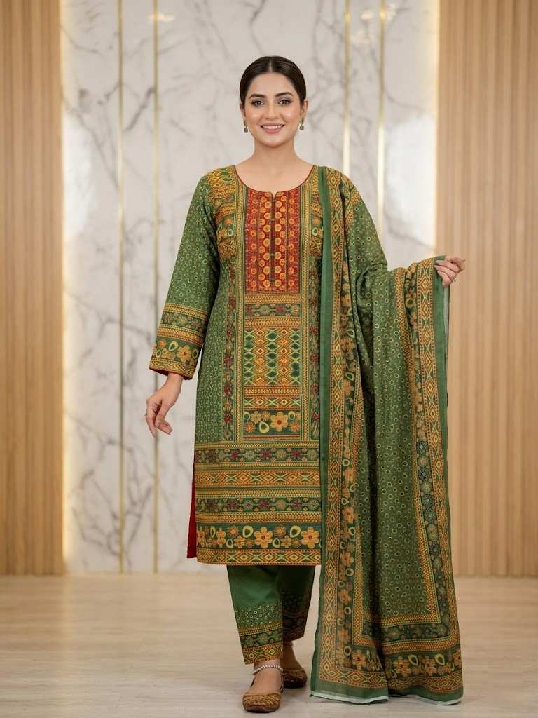 Premium Chinigura Cotton Stitched Three-Piece Dress with All-Over Print Premium green chinigura cotton stitched three-piece dress with all-over print for women.