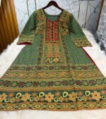 Premium green chinigura cotton stitched three-piece dress with all-over print for women