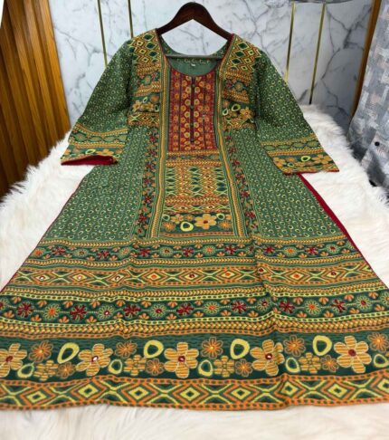 Premium green chinigura cotton stitched three-piece dress with all-over print for women
