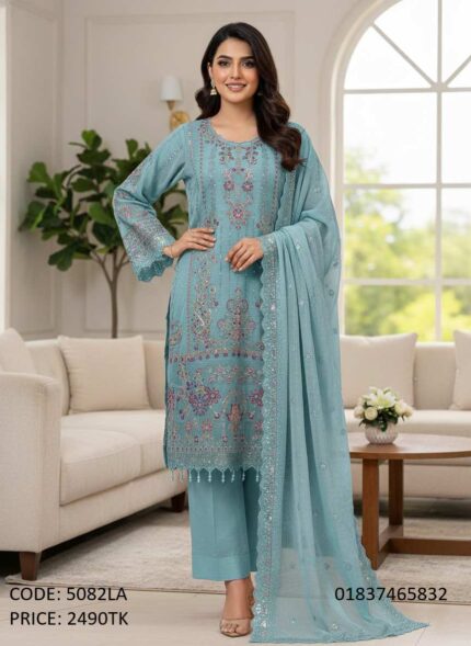 Soft georgette light blue un-stitched dress with beautiful embroidery and sequence work, code 5082LA.