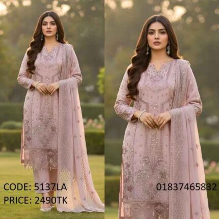 Soft lavender pink georgette unstitched three piece with elegant embroidery and sequence work for women, code 5137LA.