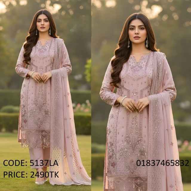 Soft lavender pink georgette unstitched three piece with elegant embroidery and sequence work for women, code 5137LA.