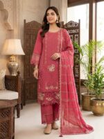 Georgette embroidery stitched three piece dress with chiffon dupatta for women.