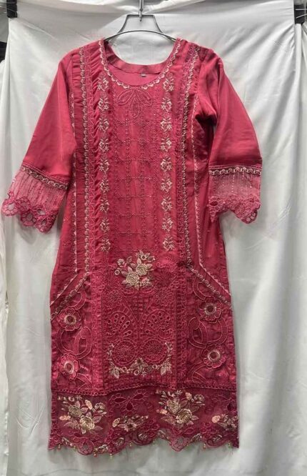 Georgette embroidery stitched three piece dress with chiffon dupatta for women.