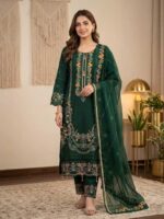 A deep green luxury georgette embroidered salwar kameez suit with an elegant border panel dupatta, as shown in the product image library.