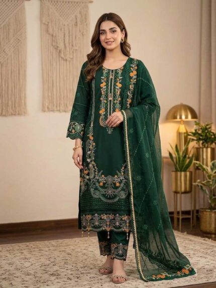 A deep green luxury georgette embroidered salwar kameez suit with an elegant border panel dupatta, as shown in the product image library.