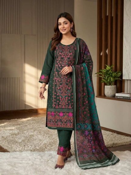 Premium cenigura cotton gorgeous embroidery stitched three-piece dress with silk dupatta for women