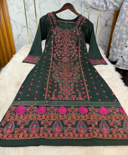 Premium cenigura cotton gorgeous embroidery stitched three-piece dress with silk dupatta for women.