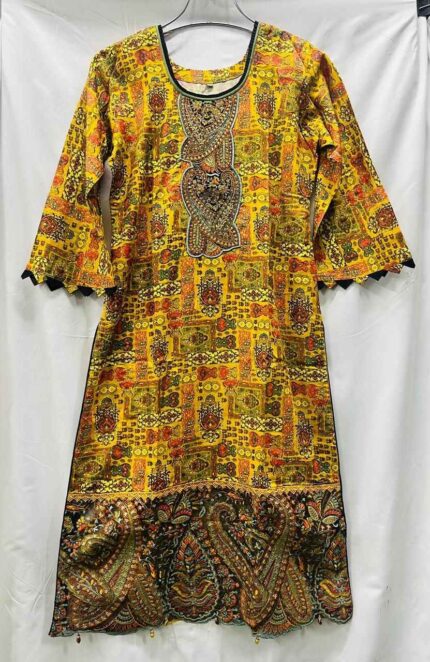 Premium cotton printed stitched three piece dress with chiffon dupatta for women.