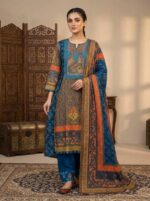 Premium digital print linen stitched three-piece dress with cotton dupatta and embroidery work for women.