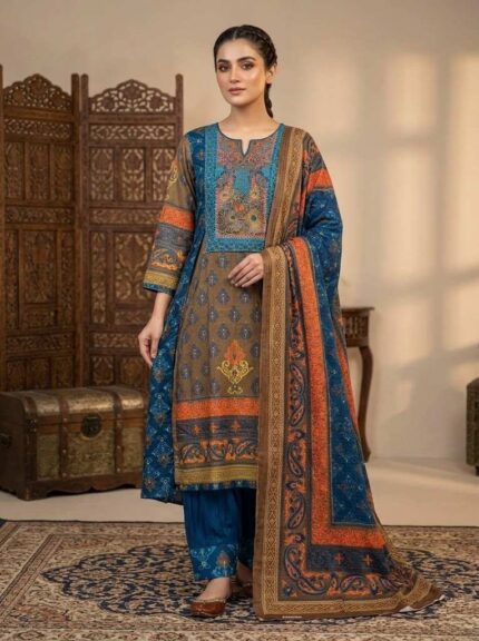 Premium digital print linen stitched three-piece dress with cotton dupatta and embroidery work for women.