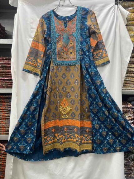 Premium digital print linen stitched three-piece dress with cotton dupatta and embroidery work for women.