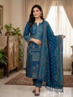 A premium blue digital printed cotton stitched three-piece dress featuring traditional geometric pattern salwar kameez and a matching cotton dupatta with tassel borders.
