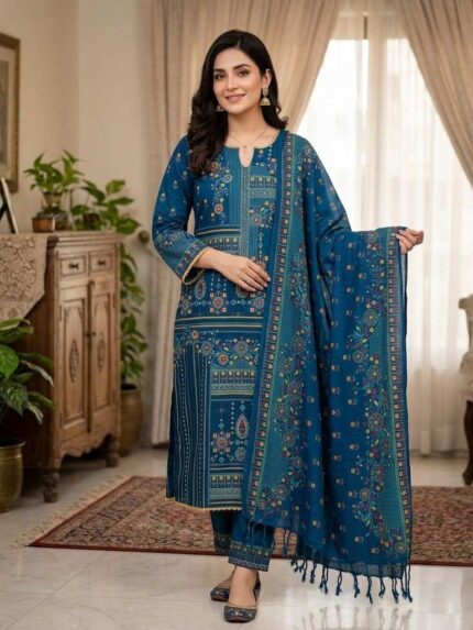 A premium blue digital printed cotton stitched three-piece dress featuring traditional geometric pattern salwar kameez and a matching cotton dupatta with tassel borders.