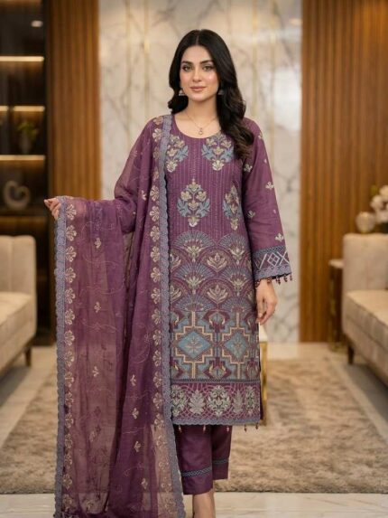 Premium georgette all over embroidery stitched three-piece dress with cut-work for women.