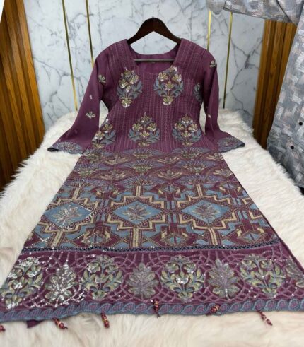 Premium georgette all over embroidery stitched three-piece dress with cut-work for women.